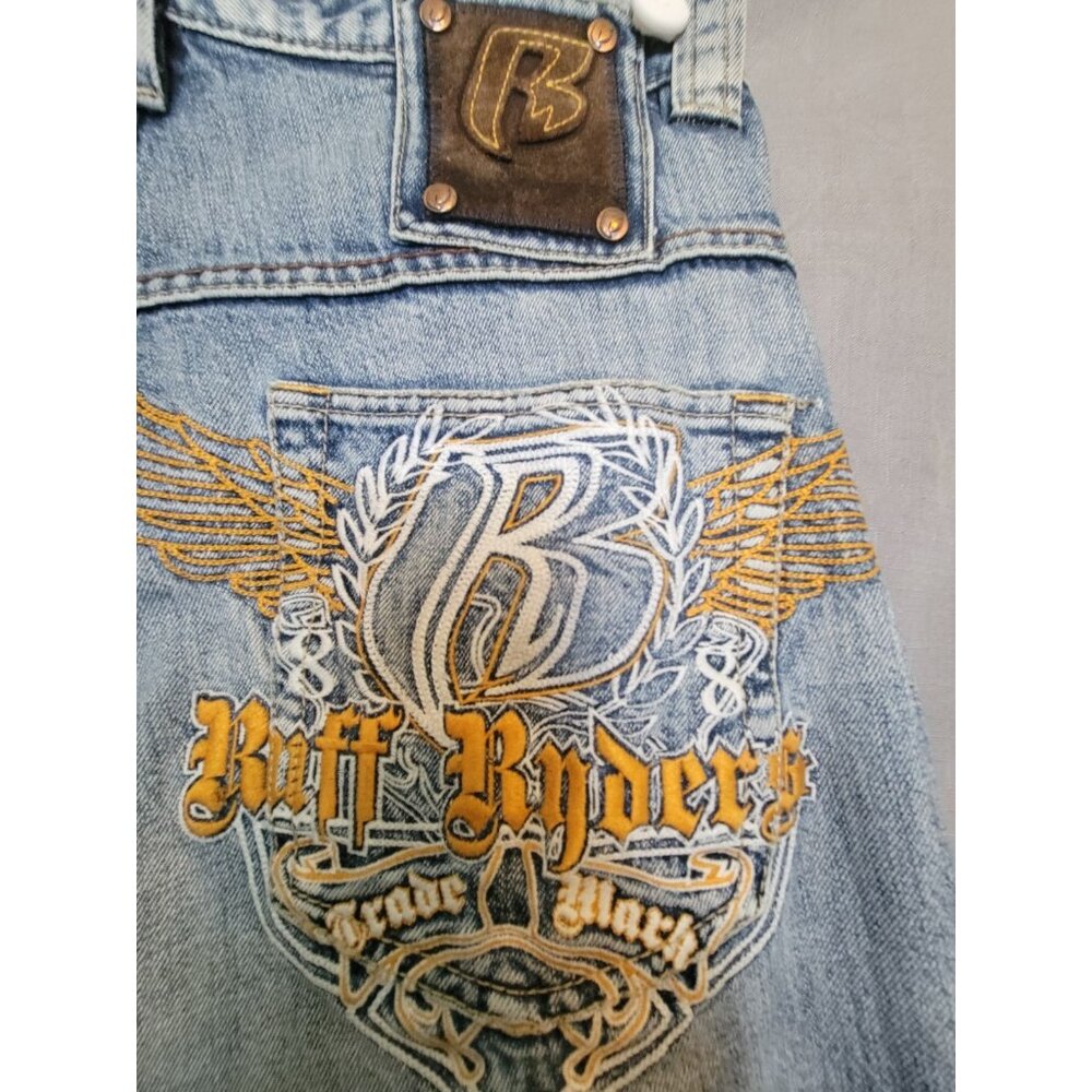 Ruff Ryders Jeans Mens Blue Denim Full Embroidered Logo Pocket Size 34x30